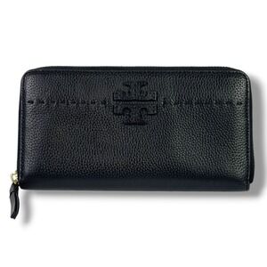 Tory Burch Black Pebbled Leather Zip Around Wallet Double T Logo Continental EUC